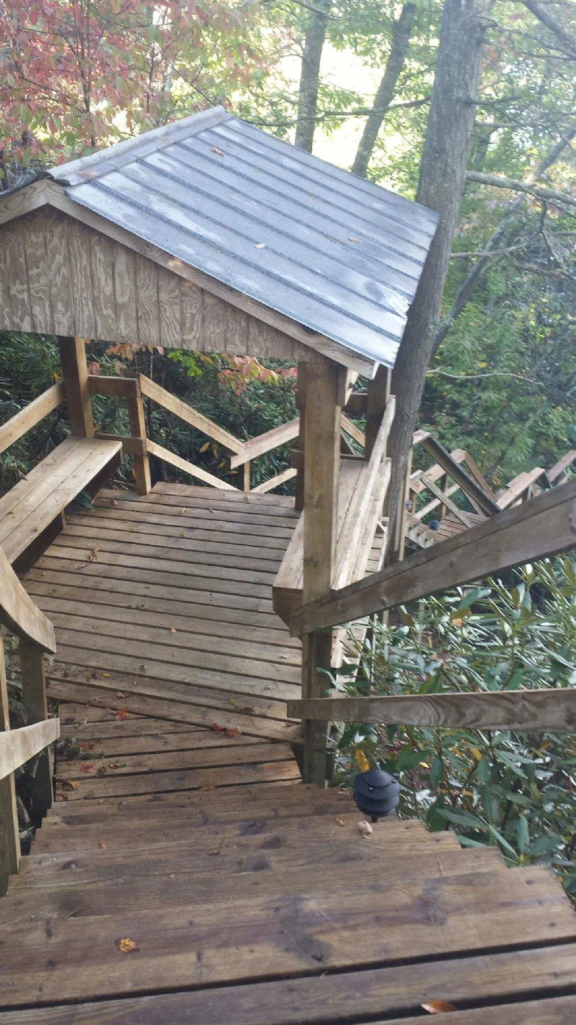 Metal roofed shelter over wooden steps on a wooded walkway — Skylight Repair & Installation work by our crew in Searcy